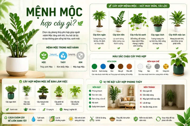 Cây có màu xanh lá, dáng vươn cao và sức sống bền bỉ thường được xem là phù hợp với người mệnh Mộc.
